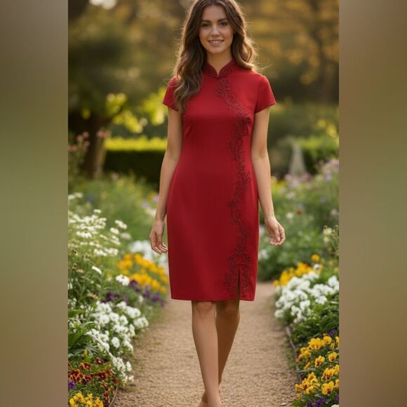 Marie St. Claire Vintage Short Sleeve Embroidered Qipao Dress Size 12 - Picture 1 of 9